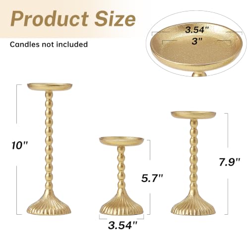 Vintage Gold Cast Iron Pillar Candle Holder Set - 3 Piece, Graduated Heights