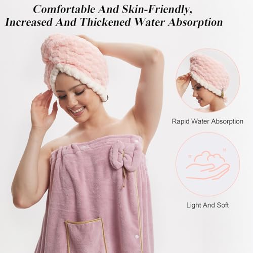 Extra Large Hair Drying Towel with Elastic Strap - Soft Coral Fleece, 19.7x31.5 inch, Pink