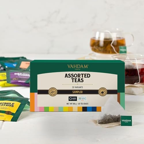 VAHDAM Tea Sampler Gift Set, 40 Assorted Pyramid Tea Bags (20 Flavors)