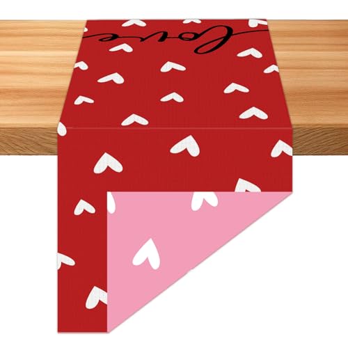 Valentine's Day Reversible Linen Table Runner 13 x 72 Inch Red and Pink