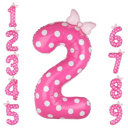 40 Inch Pink Number 2 Foil Balloon with Polka Dot Bow for 2nd Birthday