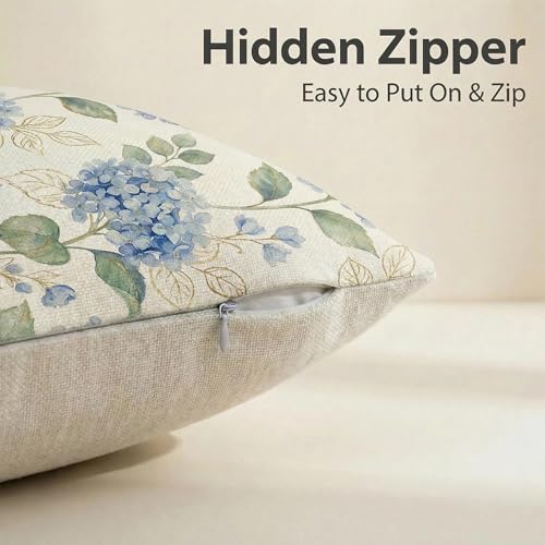 Blue Hydrangea Floral Throw Pillow Covers 18x18 Set of 4 - Durable Spring Home Decor