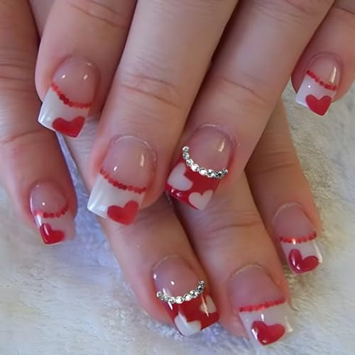 Valentine's Day Short Press On Nails Red White Heart French Fake Nails