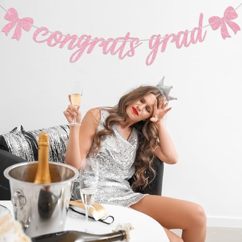 Pink Glitter Congrats Grad Banner for 2026 Graduation Parties