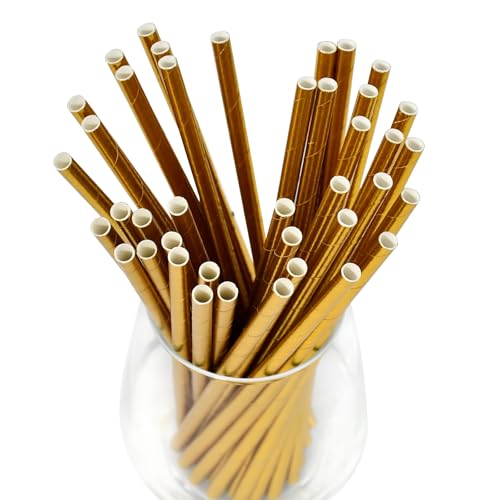 Foil Gold Paper Drinking Straws 7.75 inch, 100 Count, Eco-Friendly, for Cocktails & Parties