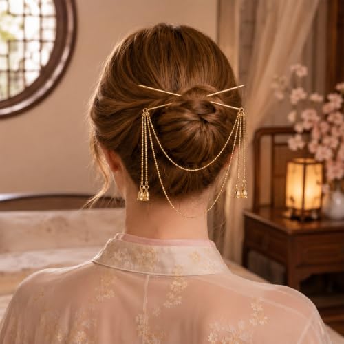 Vintage Gold Hair Pins with Tassel Chains Chinese Style Hair Stick