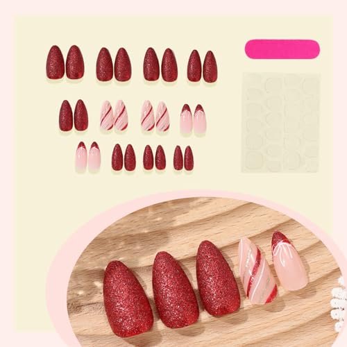 Christmas Press on Nails Medium Almond 3D Glitter Bow Fake Nails