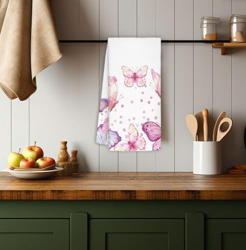 Pink Butterfly Hand Towels - 16x24 Inch Decorative Kitchen & Bathroom Towels
