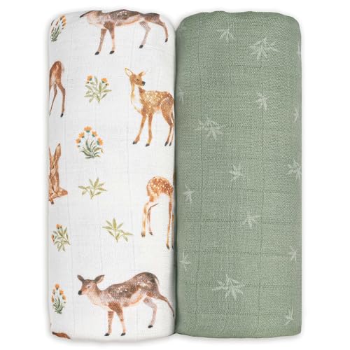 GLLQUEN BABY Muslin Swaddle Blankets - Deerling Print, 2 Pack, 35" x 40"
