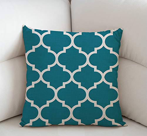 Teal White Quatrefoil Throw Pillow Cover 18x18 Inch - Cotton Linen