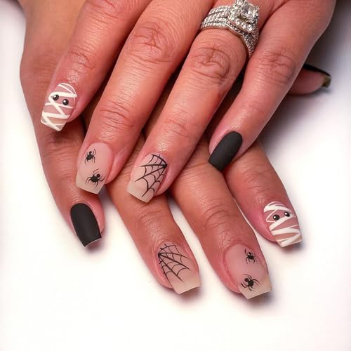 KKUUOO Halloween Press on Nails Cute Ghost & Spider Web Square False Nails
