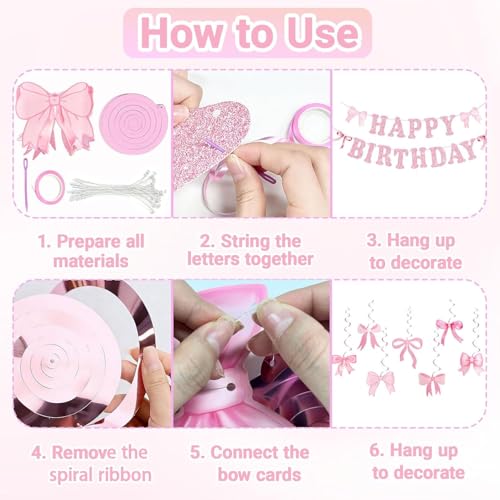 Pink Bow Birthday Banner Set with Happy Birthday Decorations