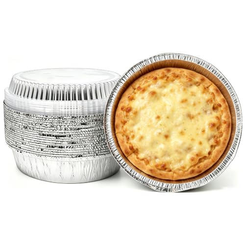 LUCKMETA 7'' Round Disposable Aluminum Foil Pans with Lids - 30 Pack