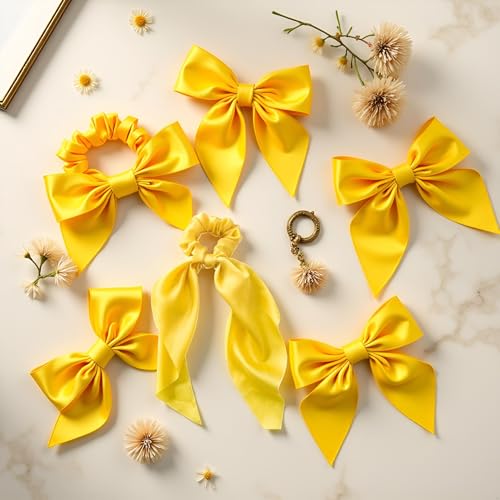 Yellow Satin Ribbon Bow Hair Scrunchie Ponytail Scarf Tie