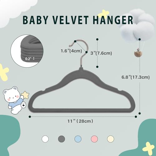 Non-Slip Velvet Baby Hangers - 16 Pack Gray, Space Saving Swivel Hook