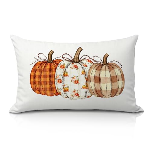 IAFQWDS Coquette Bow Plaid Pumpkin Fall Pillow Cover 12x20 - Orange Decor