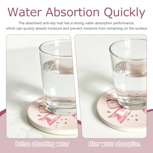 Pink Ceramic Coasters Set of 4 with Bow & Cherry, Absorbent Cork Backing, Home & Kitchen Decor