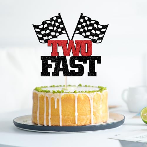 Two Fast Cake Topper - Black Glitter Race Car 2nd Birthday Decoration
