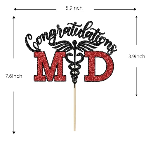 Congrats MD Cake Topper Black and Red Glitter Medical School Graduation Party