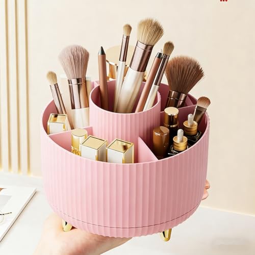 360 Rotating Makeup Brush Holder - 5 Slot Desktop Organizer (Pink, Small)