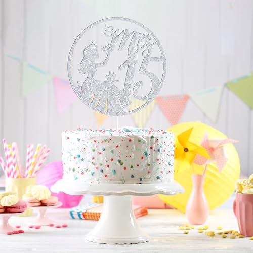 Mis Quince 15 Cake Topper - Elegant Silver Glitter Decoration