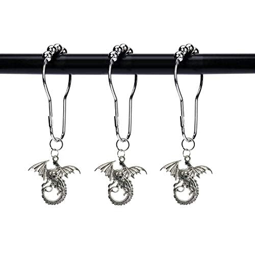 Silver Dragon Shower Curtain Hooks - Set of 12 Decorative Stainless Steel