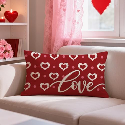 Valentine's Day Decorative Throw Pillow Cover 12x20 | Cotton Linen Love Heart Design