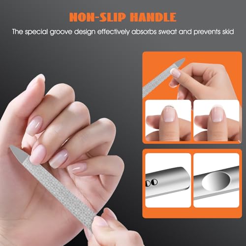 XIPOO Stainless Steel Metal Nail Files Set with Pointed Tip and Anti-Slip Handle for Natural and Acrylic Nails