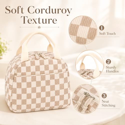 Bluboon Insulated Lunch Bag - 10L Brown Checkered Corduroy Lunch Tote