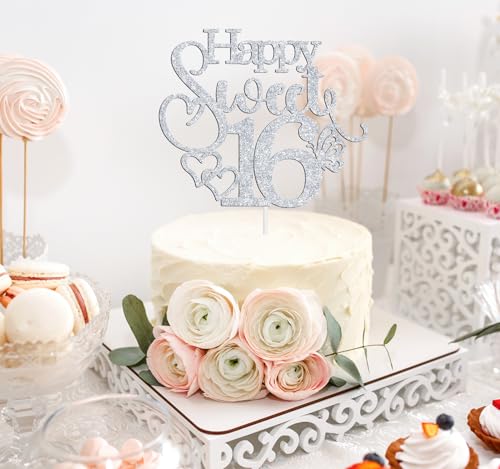 Silver Glitter Happy Sweet 16 Cake Topper for Birthday Parties