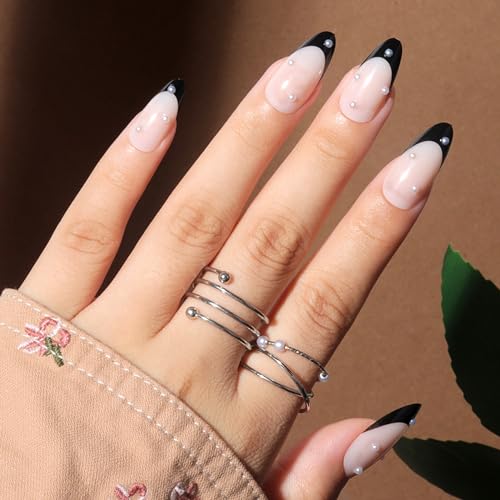 Black French Tip Almond Press On Nails with Pearl Design 24 Pcs