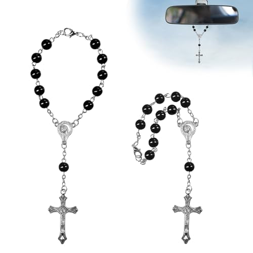 Black Car Rosary Mirror Decor Pendant 2PCS Religious Blessing Beads