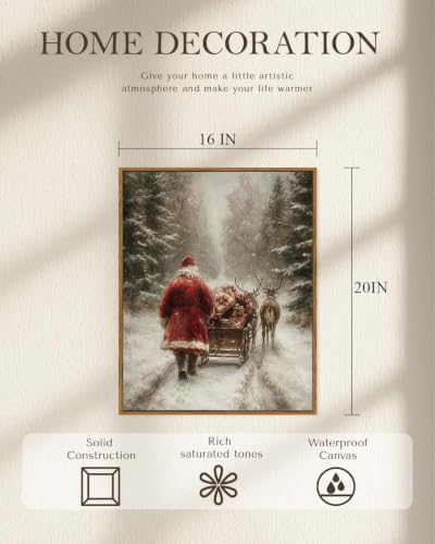 Santa Claus Wall Art Canvas Print 16x20 Framed Christmas Scene with Deer & Santa