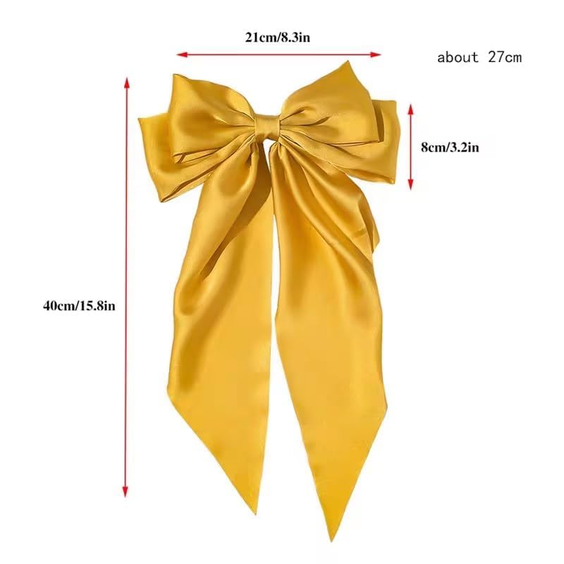 Jumbo Satin Bow Hair Clip with Long Tails, Yellow French Barrette