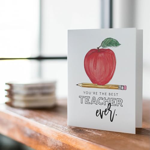 Best Teacher Appreciation Greeting Card with Envelope, Watercolor Apple Design