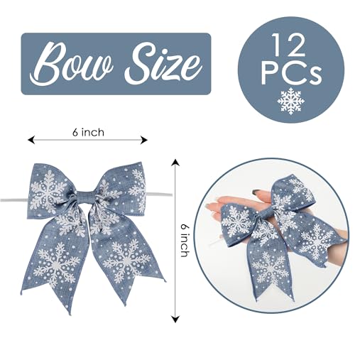 Dusty Blue Christmas Bows for Wreaths 6-Inch Snowflake Burlap Gift Wrap Decorations - 12 Pcs