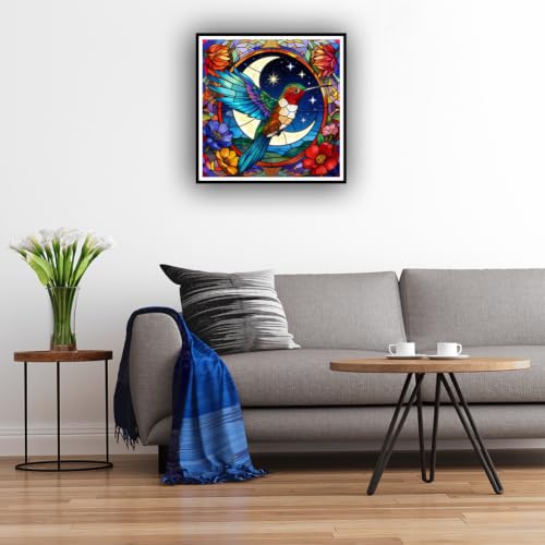 Hummingbird Diamond Art Painting Kit, 5D Full Drill Round Moon Flowers 12x12"