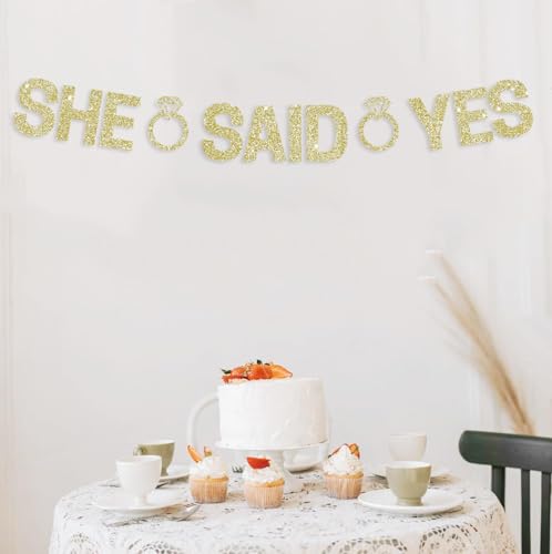 She Said Yes Glitter Banner - Champagne Gold Pre-Strung Engagement Decor