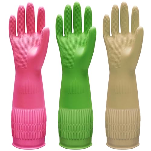 Bamllum 15" Long Rubber Dishwashing Gloves - 3 Pairs, Large (Reusable)