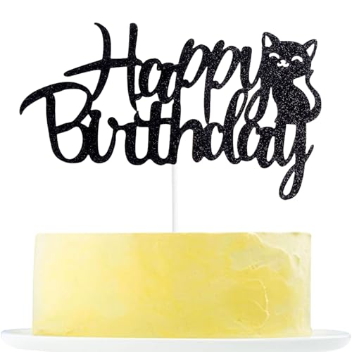 Cat Themed Birthday Cake Topper - Glitter Happy Birthday Decoration