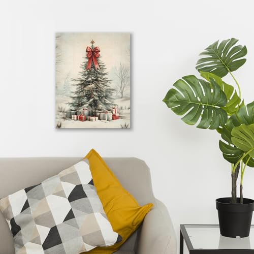 Christmas Wall Decor Canvas Art - Pine Tree with Bow, 11x14 Inches, Color 2