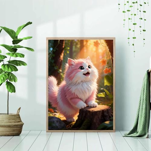 NebuIuxe 5D Diamond Painting Kit - Fluffy Pink Cat Fantasy Forest 12 x 16