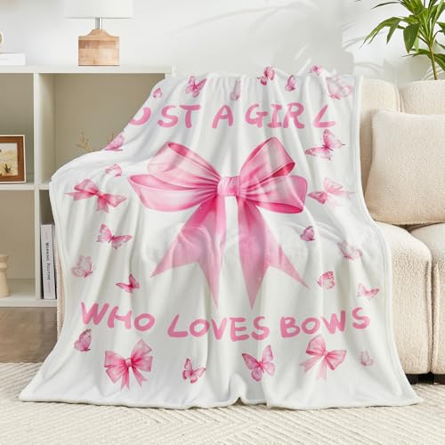 Pink Bow Throw Blanket 50x60 - Soft Flannel Aesthetic Decor