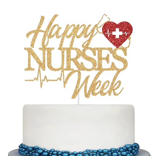 Happy Nurses Week Cake Topper - Gold & Red Glitter Decoration