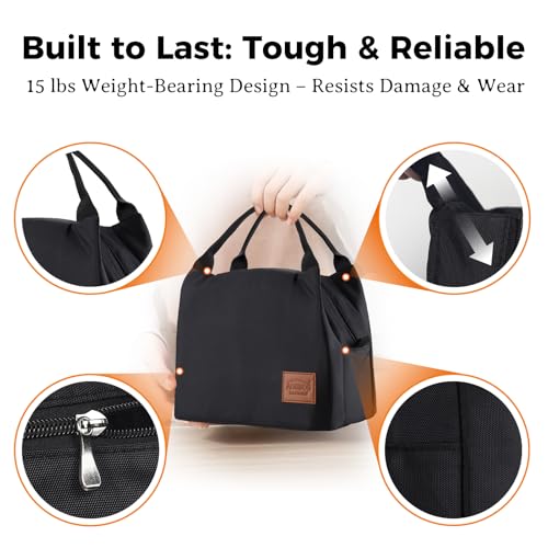 Aosbos Medium Insulated Lunch Bag - Black, 8.5L Leakproof Tote