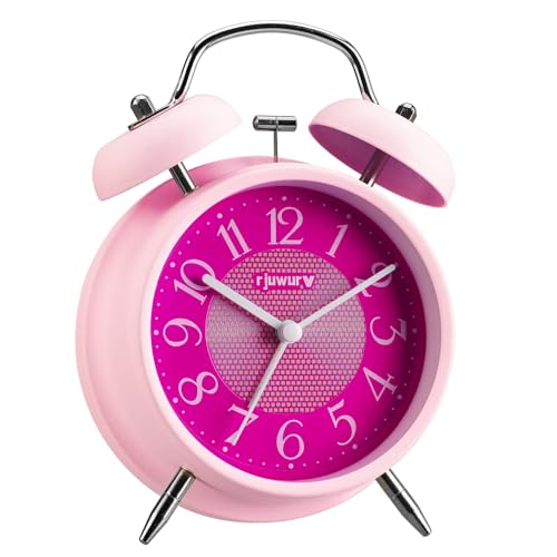 rjuwurv 4-Inch Twin Bell Alarm Clock - Silent Non-Ticking with Night Light, Pink