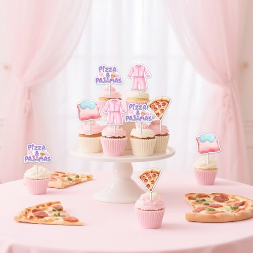 24 Pizza and Pajamas Cupcake Toppers for Birthday Parties