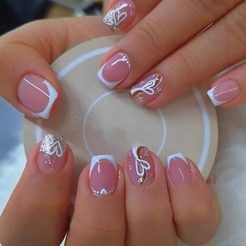 White French Tip Press on Nails Short Square False Nails with Hearts