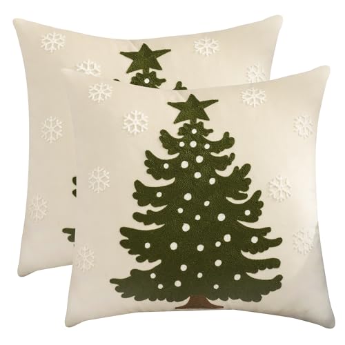 Christmas Tree Velvet Pillow Covers 18x18, Set of 2 Beige Holiday Cushions