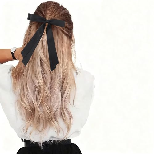 Black Satin Hair Bows for Women & Girls - 2PCS Elegant Ribbon Clips